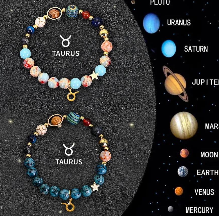 Two natural stone beaded bracelets with adjustable cords, presented as a zodiac sign bracelet set.