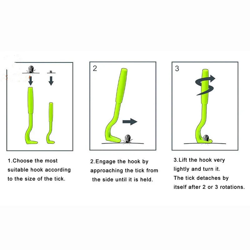 Three blue plastic pet tick removal clip tools with hook design for dogs and cats