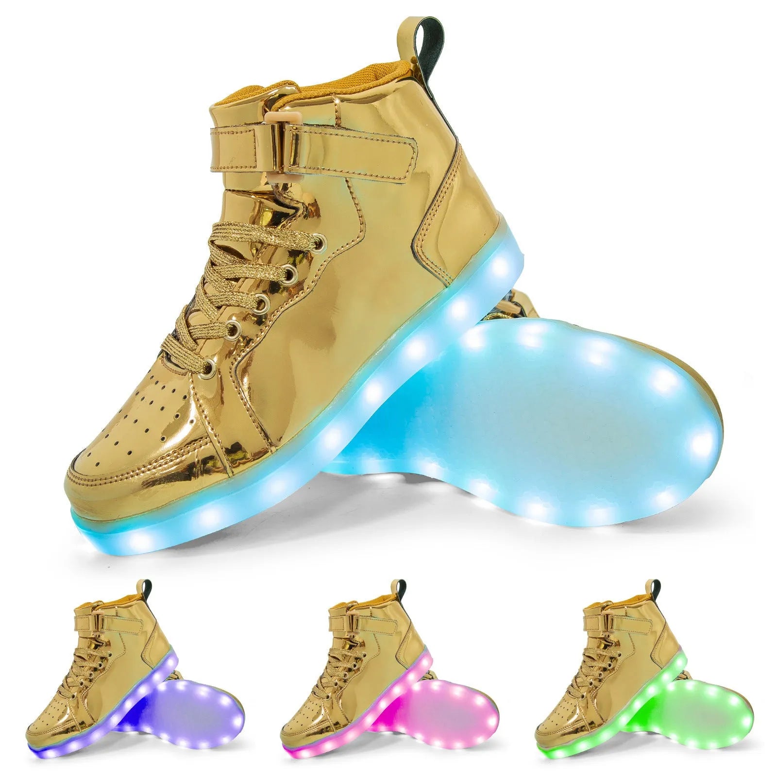 LED high-top board shoes with rechargeable lighting in black colour showing Velcro fastening