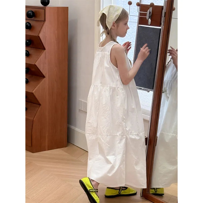 New girls white suspender French dress made of cotton with dot pattern for summer