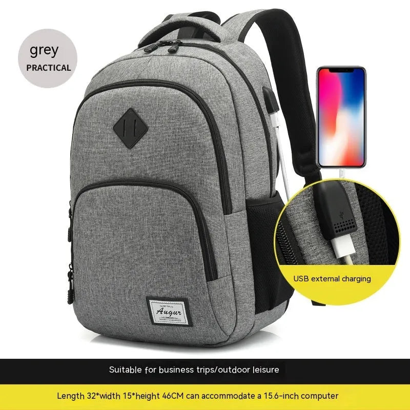 Grey and black nylon USB charging backpack with trolley case slot.