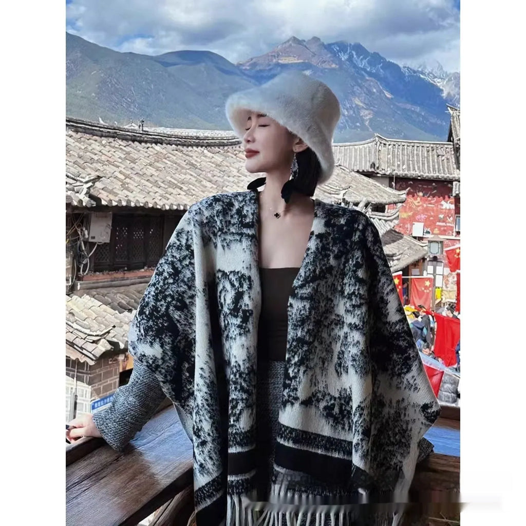 Women's polyester scarf cape with tassel trim in multiple colour options