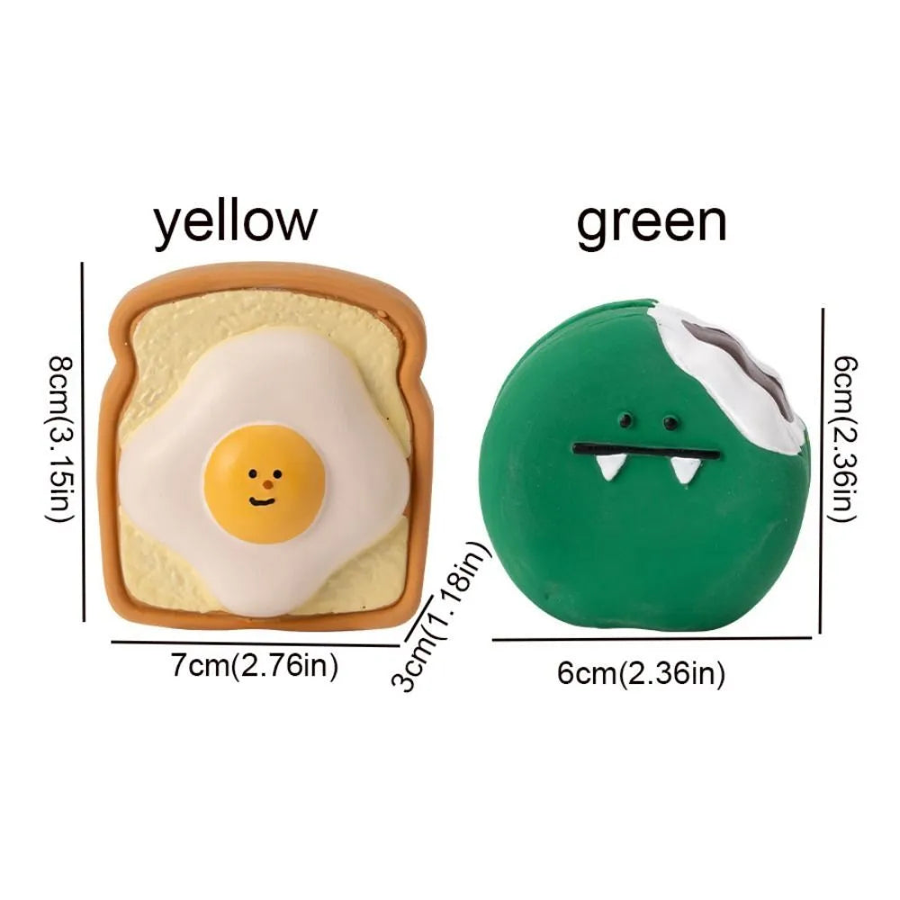 Yellow bread-shaped latex dog chew toy with cartoon pattern and squeaker for puppy training