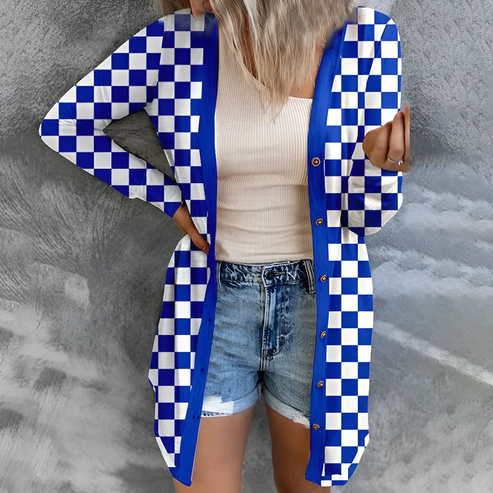 Women's long grey plaid loose fit cardigan coat with regular sleeves for street fashion.