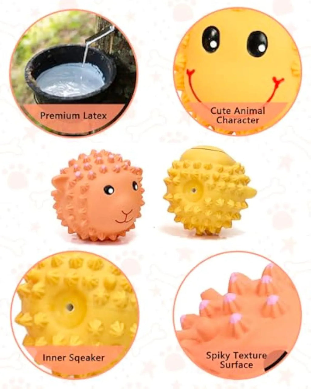 Orange and yellow latex squeaky dog toys with spiky surfaces shaped as lamb and monkey animals