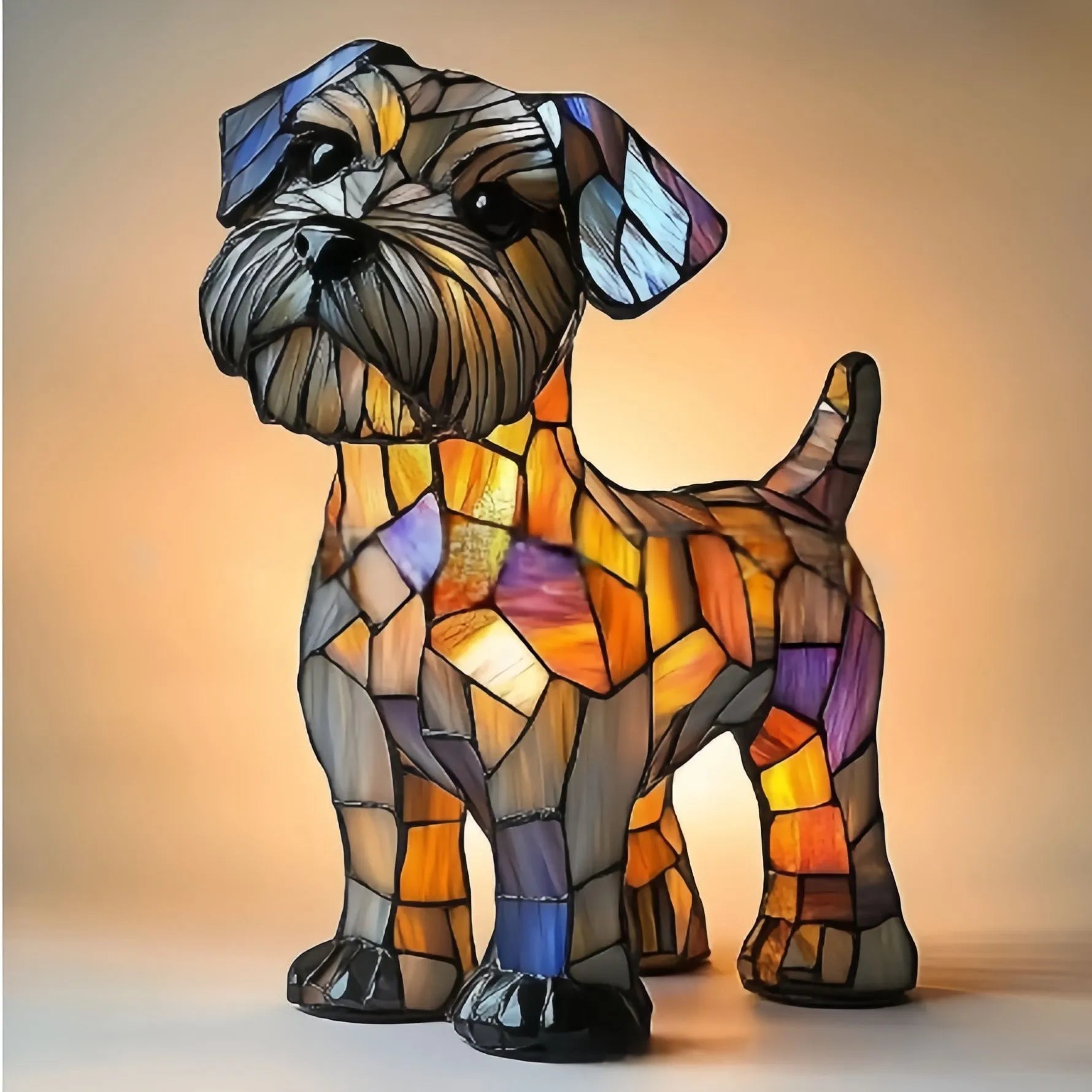 Colourful resin dog lamp decoration in pug shape, button battery powered, on a shelf