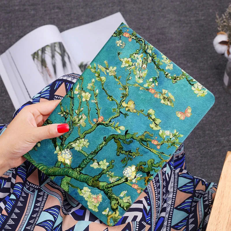 Handmade liquid silicone flip case for iPad with a floral oil painting design on the cover.
