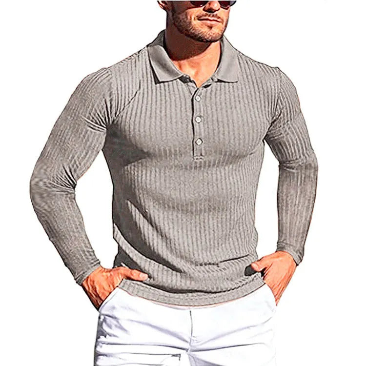 Men's loose-fit striped knit shirt in high elastic fabric with short sleeves and slim bottoming style