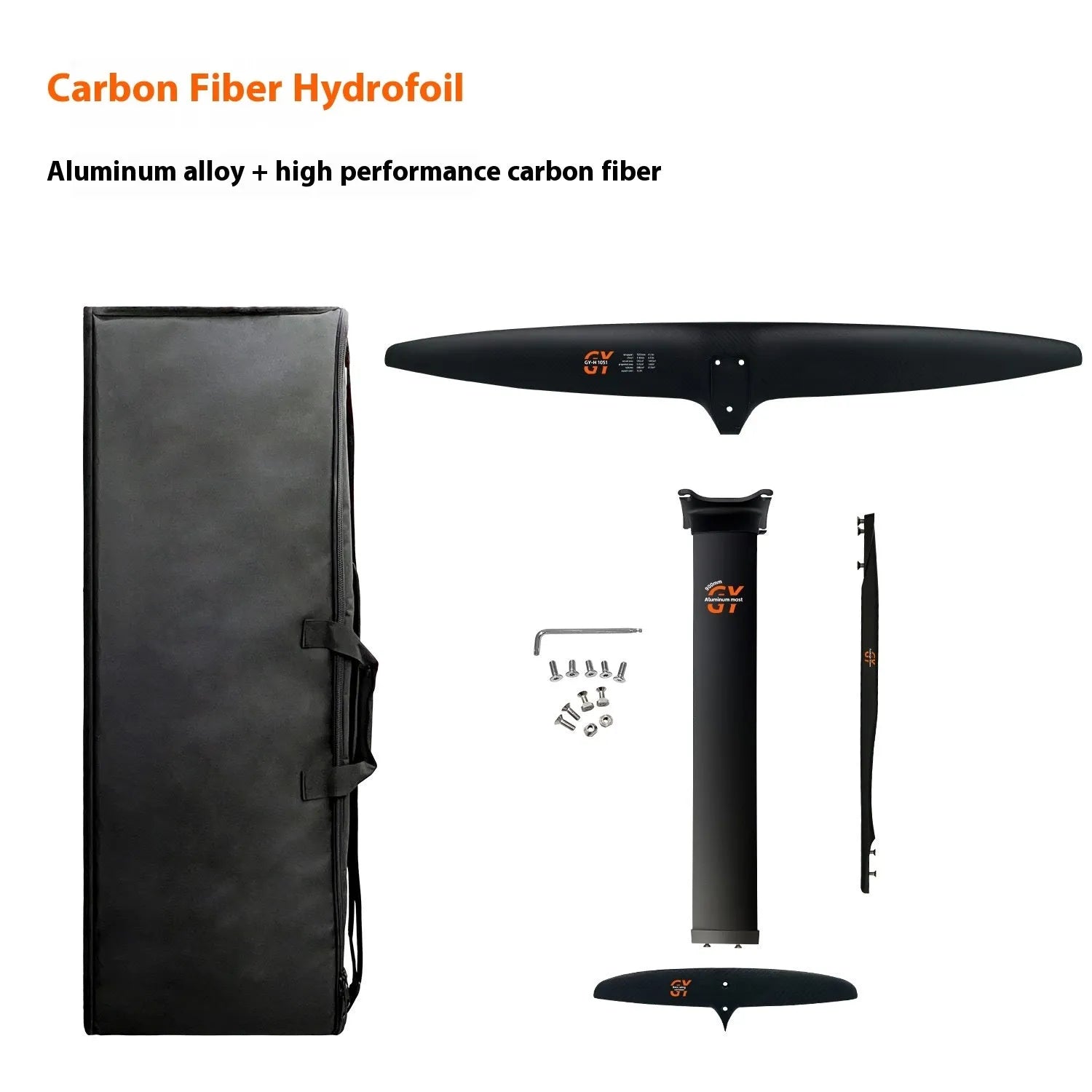 Black carbon fibre surfing hydrofoil with aluminium alloy components and 1051mm front wing