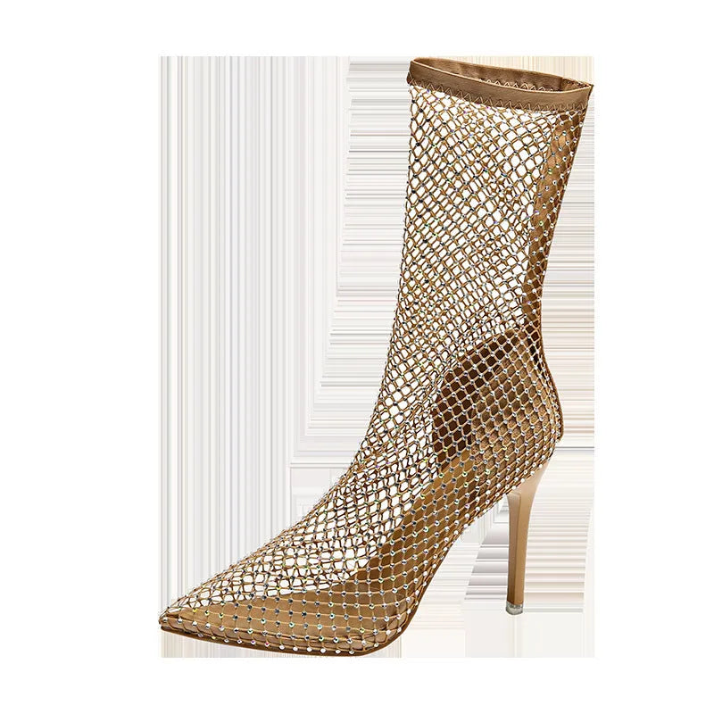 Gold women's high heel sandals with pointed stiletto toe and mesh upper.