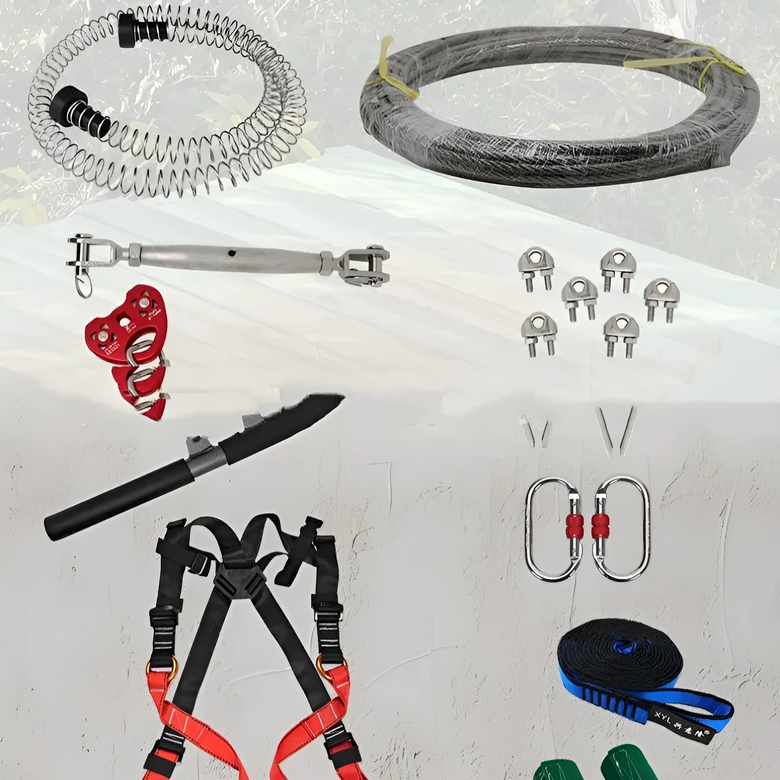 Children's outdoor pulley slide rope set with handle, steel cable, and safety components including retractor and buffer spring