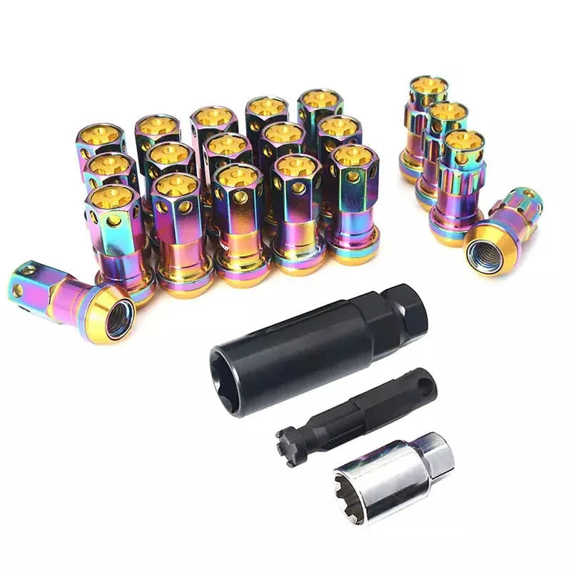 Aluminium alloy universal flat head wheel nut in various colours including black red and colour gold