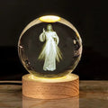 White crystal ball lamp with solid wood base and warm lighting in religious designs