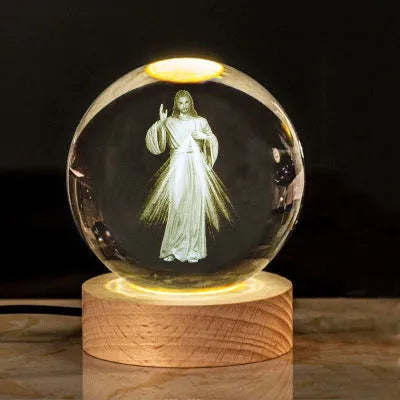 White crystal ball lamp with solid wood base and warm lighting in religious designs