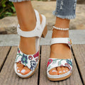 White women's high heel sandals with an adjustable velcro buckle strap on a rubber sole.