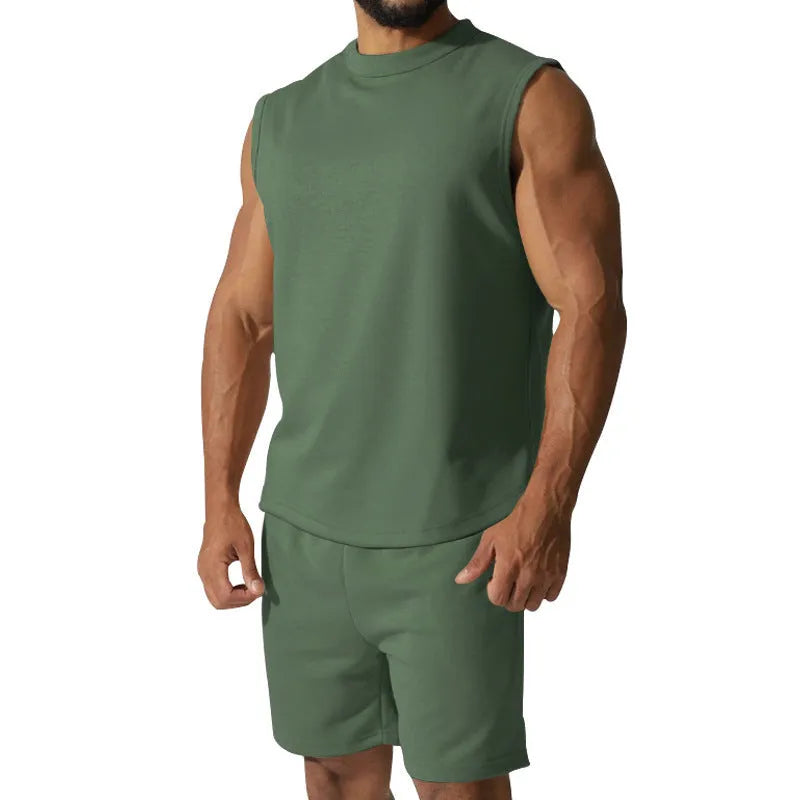 Men's sleeveless top and shorts cotton blend sports suit set in multiple solid colours