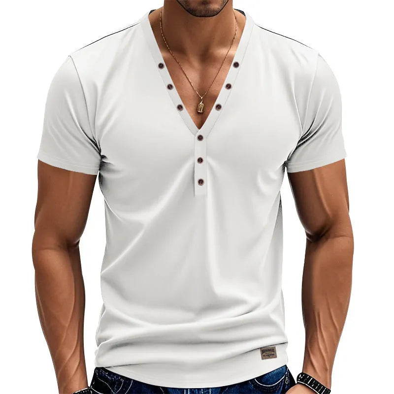 Men's loose fit solid colour V-neck pullover top with button detail on the chest.