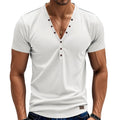 Men's loose fit solid colour V-neck pullover top with button detail on the chest.