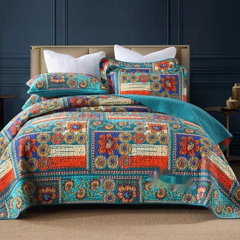 Cotton quilted bed cover three-piece set with printed pattern for 1.5-1.8 metre beds