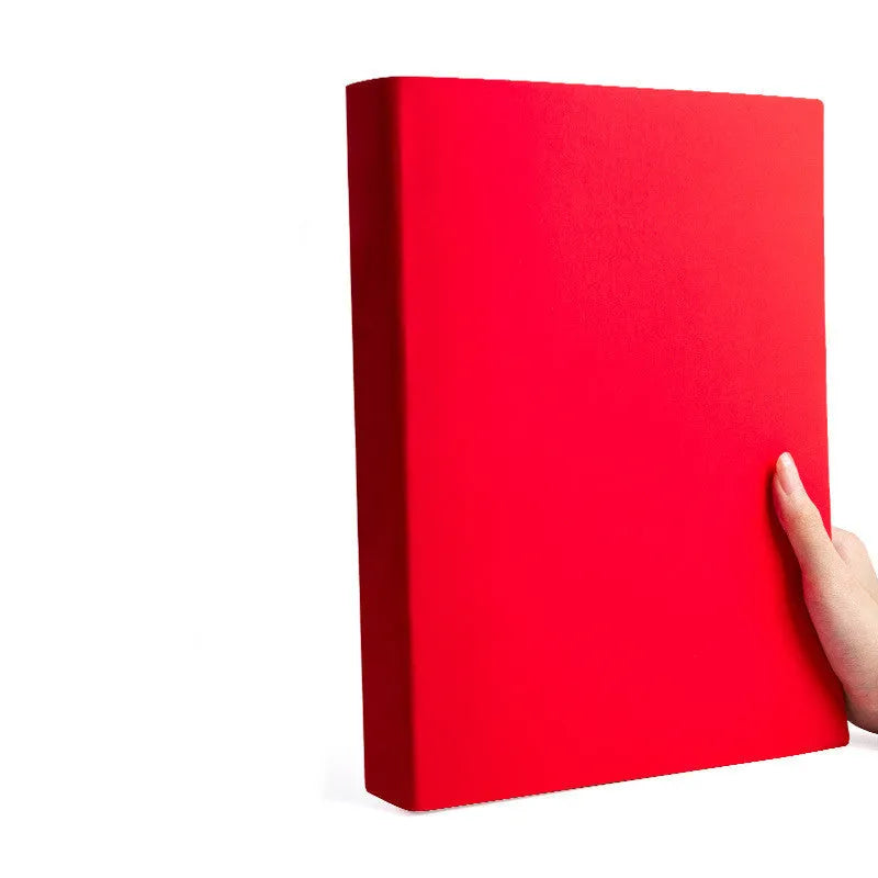 Thickened A4 soft leather notebook with imitation leather cover open to lined pages, showing ivory white paper and choice of multiple colours