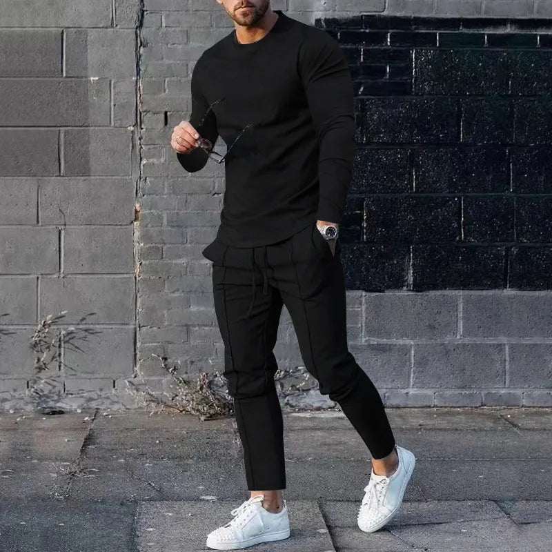Men's light grey round neck long sleeve T-shirt and trousers two-piece polyester casual set