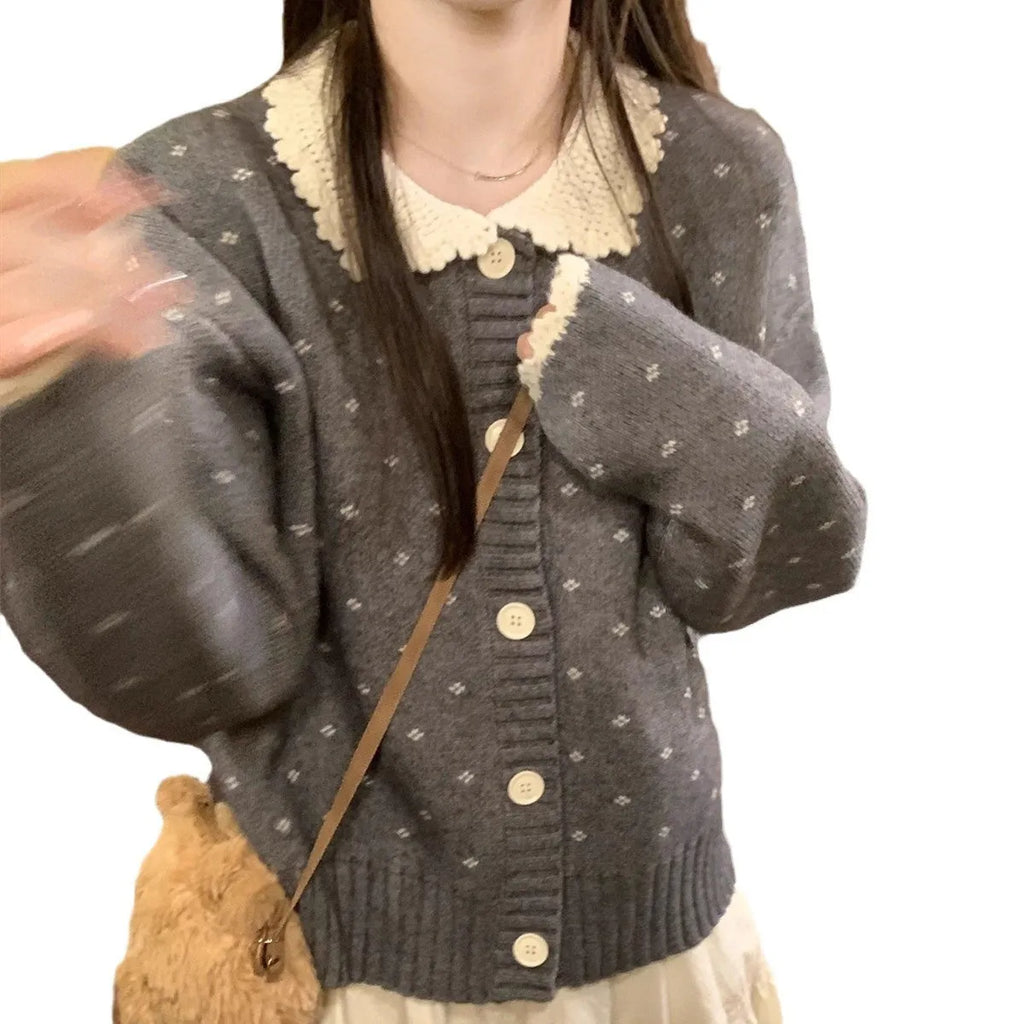 Retro Peter Pan collar floral pattern knitted cardigan coat in Japanese Korean casual style
