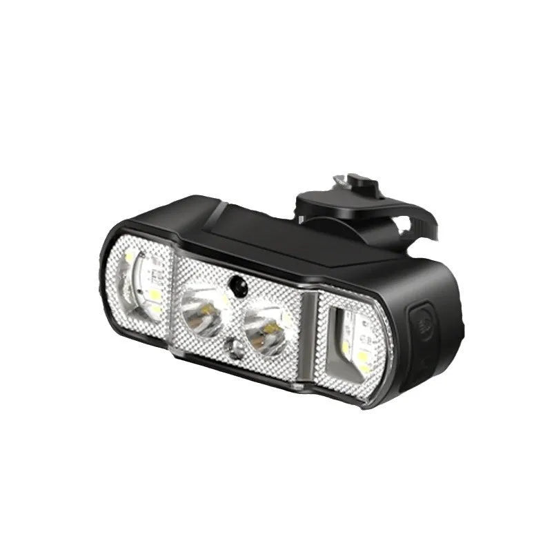 Black bicycle headlight with LED illumination mounted on handlebars