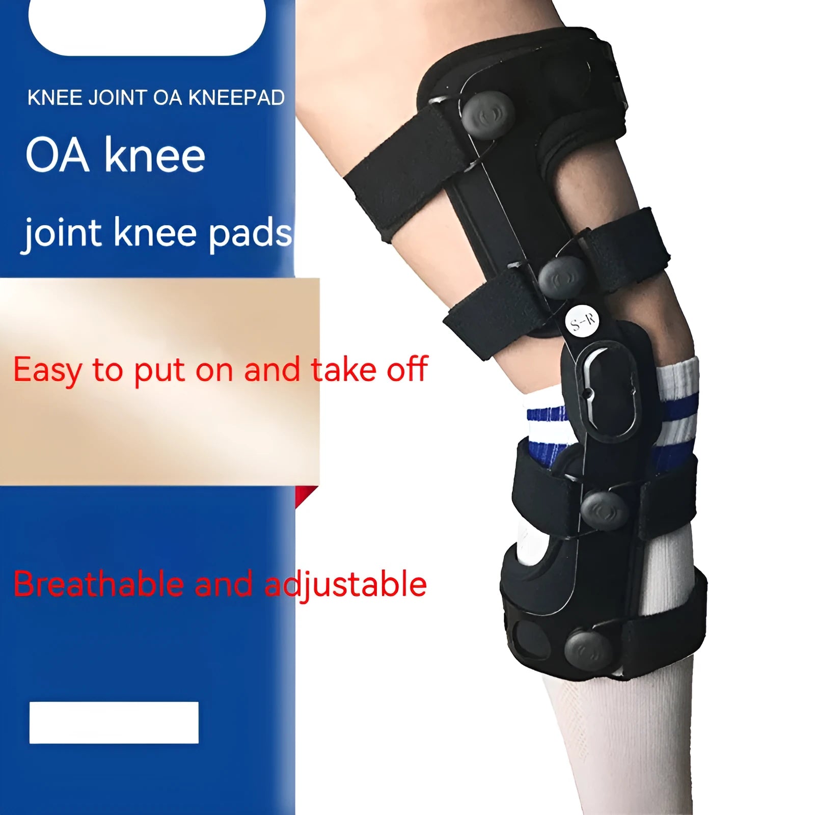 Black anterior ligament knee supporter showing sponge padding and brushed cloth lining, with size tags for left and right legs.
