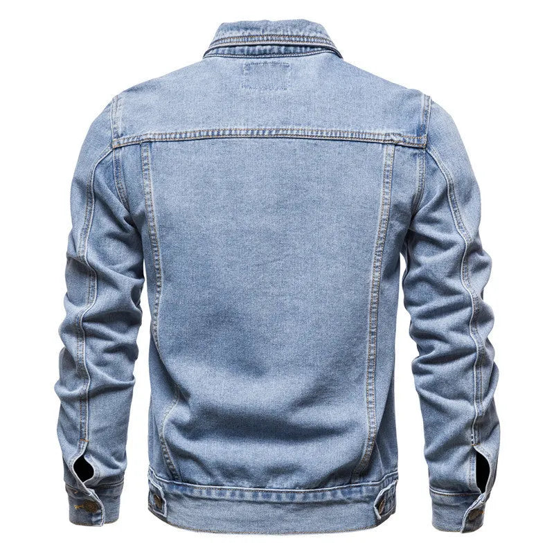 Men's denim jacket in black with lapel collar, single-breasted placket, and long sleeves, front view