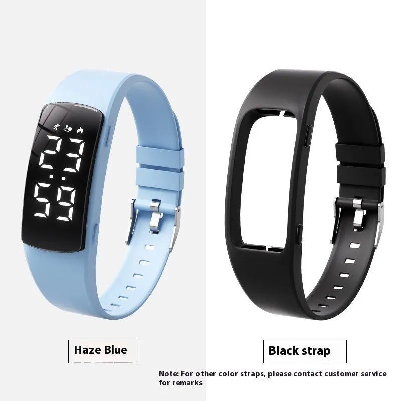 Vibration alarm waterproof electronic watch with coloured silicone strap and LED display.