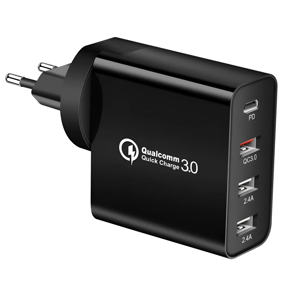 Multi-port fast wall charger with PD and QC support in black or white with international plug adapters