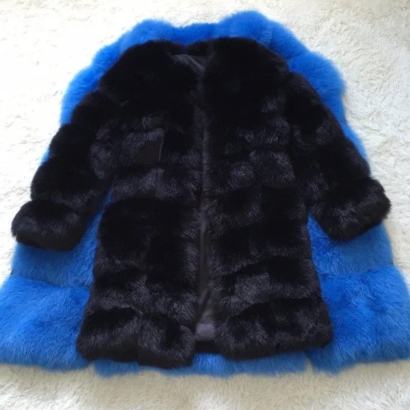 Women's long artificial fur coat in multiple colours including black, camel, and wine red, showing 80 cm length.