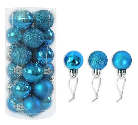 Shiny matte gold, red, silver, and blue 3 cm Christmas baubles spilling from a cardboard box.