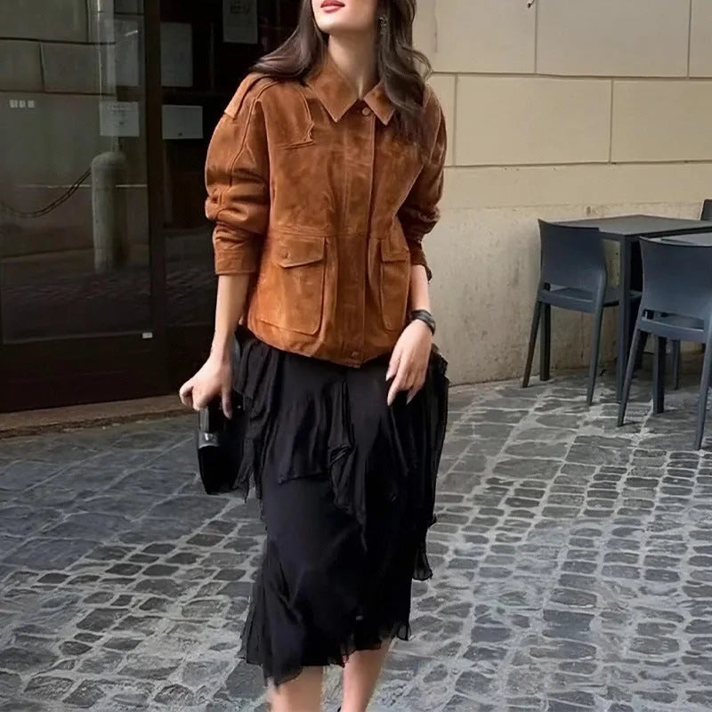 Women's brown suede-effect polyester coat with regular sleeves on hanger