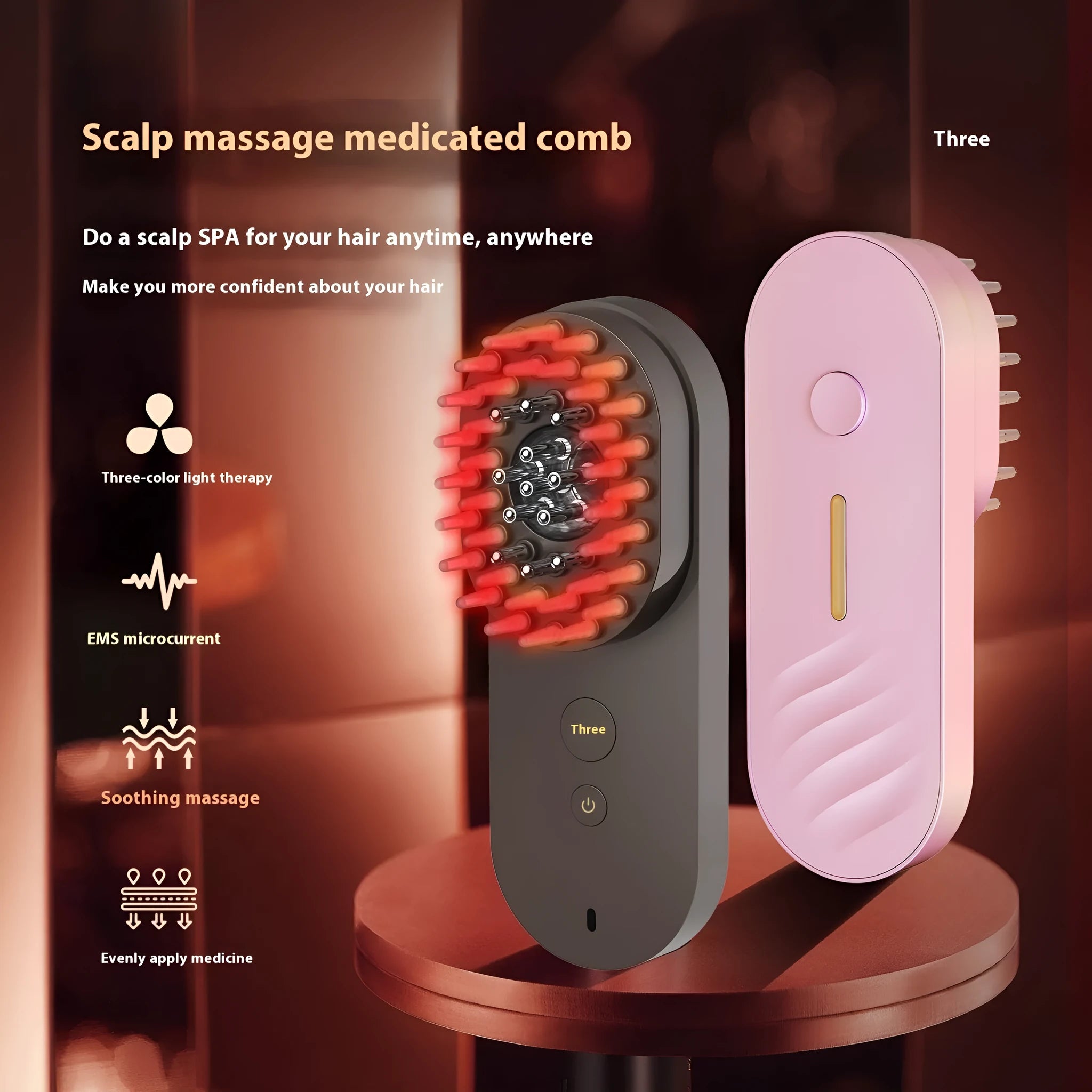 Pink and black smart massage comb with red light therapy for head care, less than 10cm long