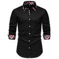 Men's plaid long sleeve shirt with a triangle collar in blue, black, or white.