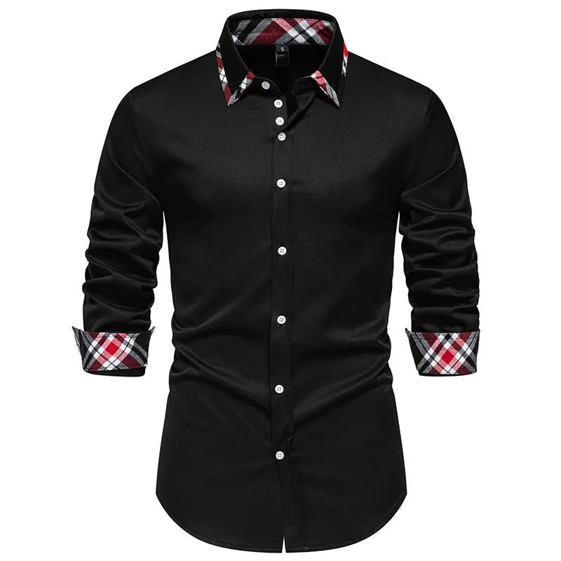 Men's plaid long sleeve shirt with a triangle collar in blue, black, or white.
