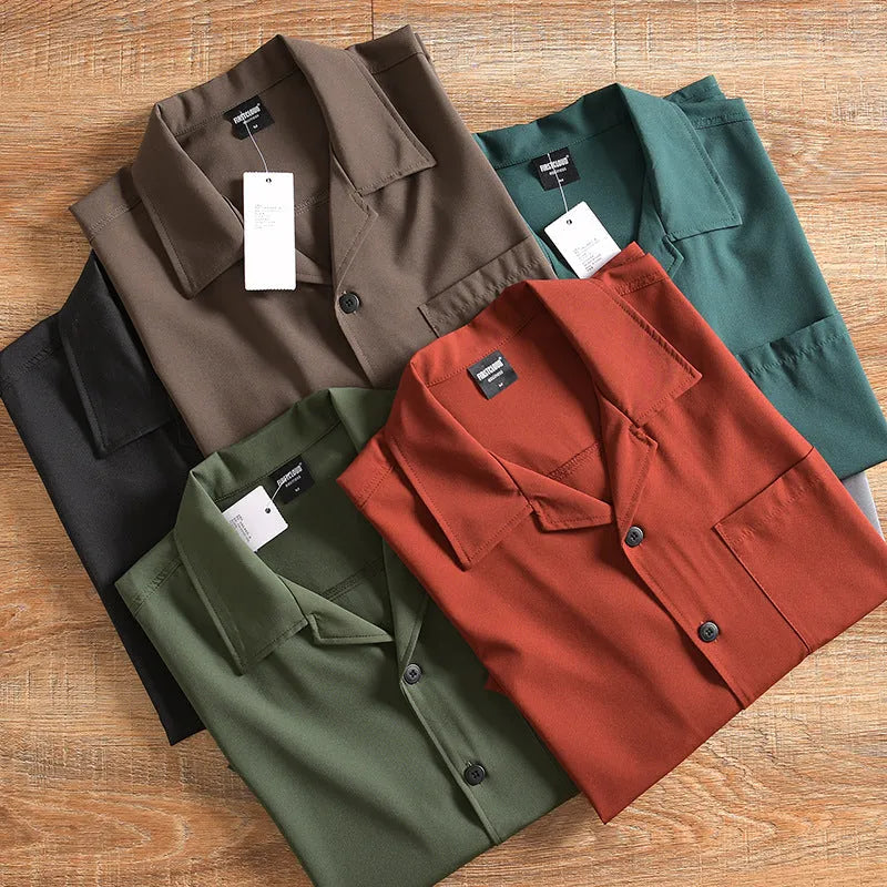 Men's lightweight pure cotton loose short sleeve shirt in solid colour
