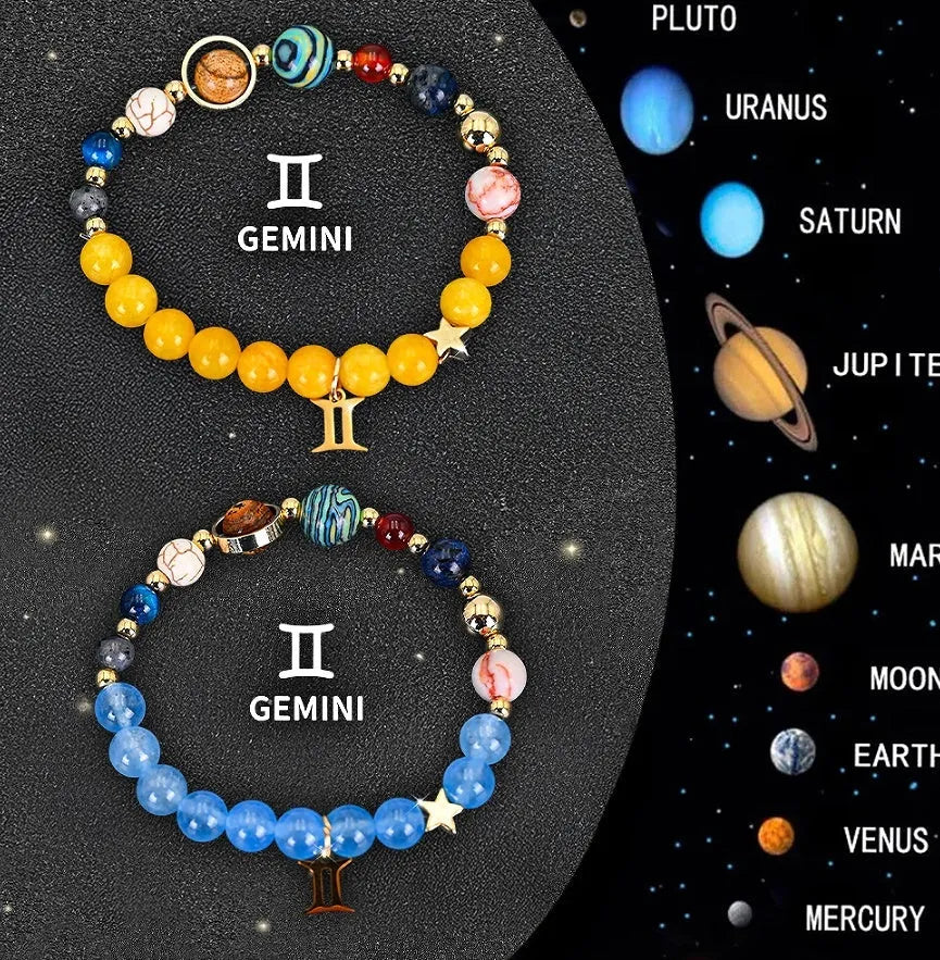 Set of two natural stone beaded bracelets representing zodiac signs from a twelve-style collection.