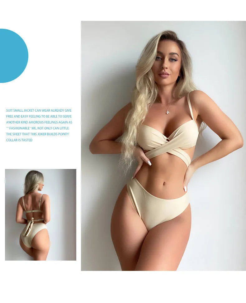 Three-piece push-up bikini set with backless top and matching skirt in polyester fabric