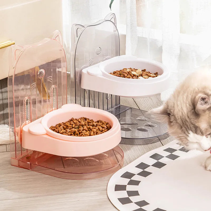 Grey plastic cat feeding bowl with cat ear design and adjustable height mechanism