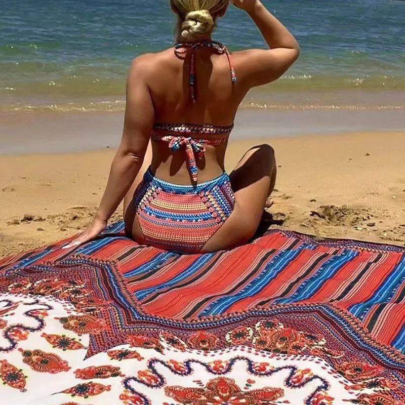 Women's three-piece swimsuit set showing high-waist briefs, cutout sleeveless top, and matching coat in coordinating colours