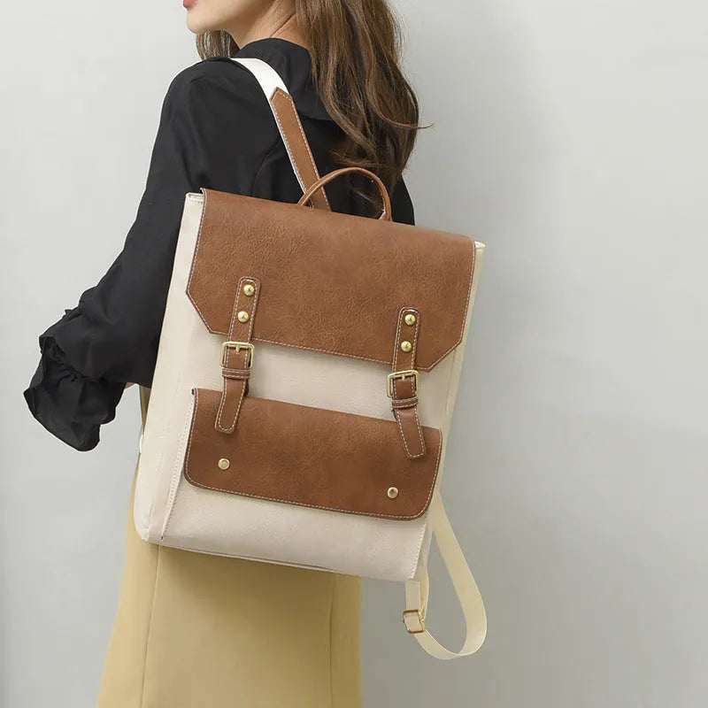 Korean retro simple backpack in black, brown, creamy white, and dark brown colours