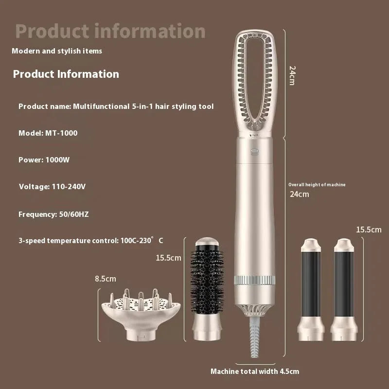 Champagne gold hot air comb hair curler and straightener with five-in-one functions