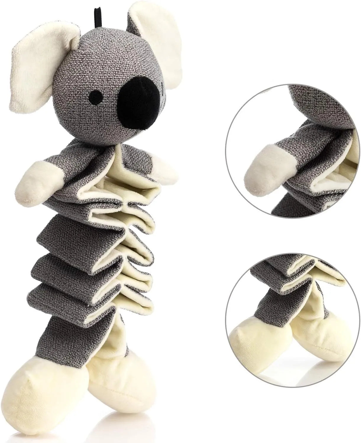 Gray koala dog toy measuring 30cm with crinkle paper squeaky features