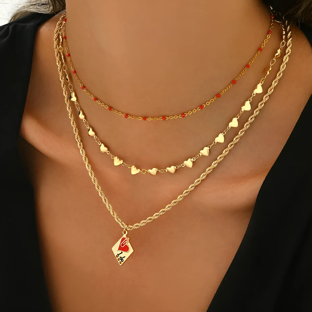 Gold-toned three-layer love heart necklace with geometric clavicle chain, adjustable 41-50cm