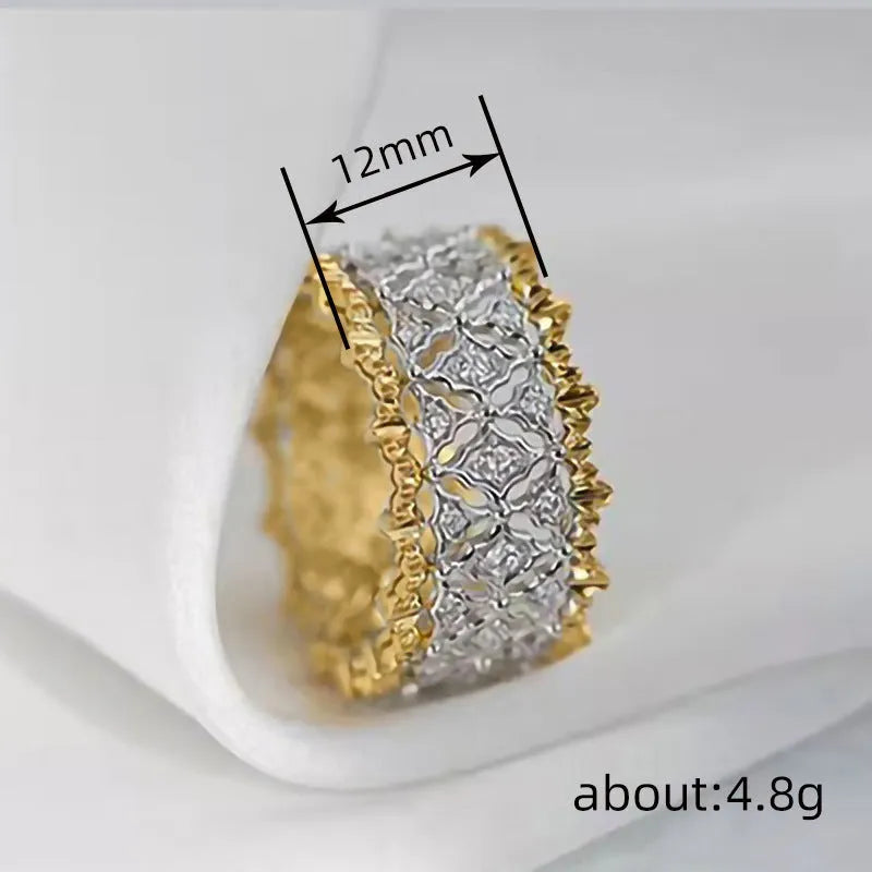 Geometric round two-tone gold zircon ring on copper base with electroplated finish