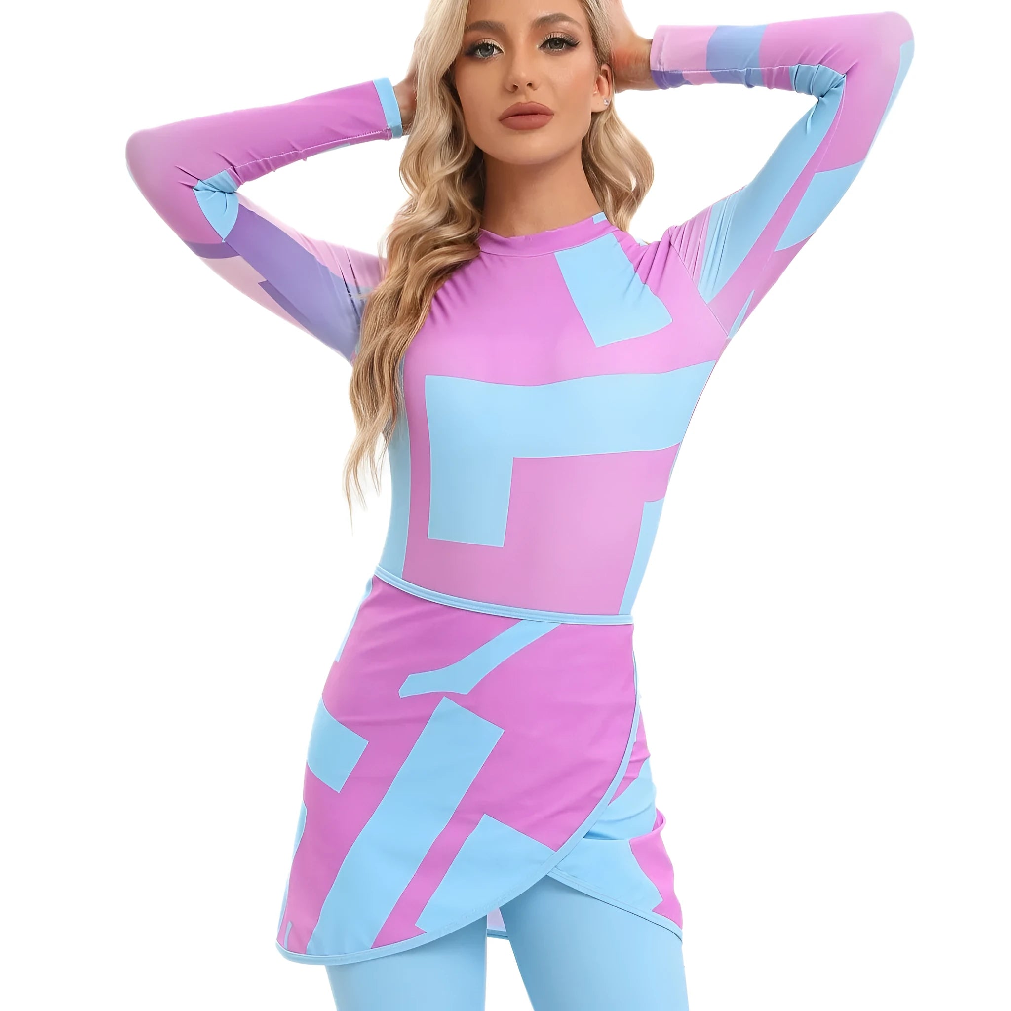 Conservative long-sleeve polyester swimsuit three-piece set with matching apron for beach wear.