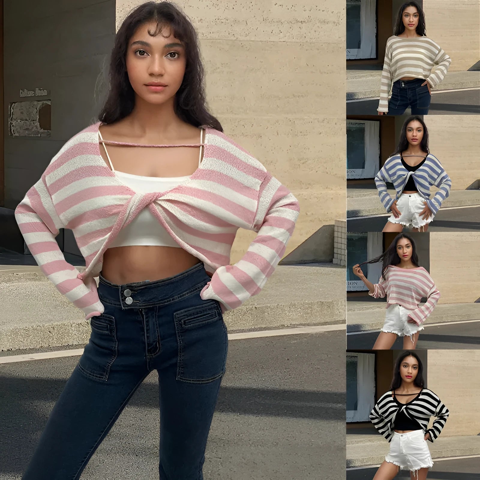 Striped long-sleeved cotton sweater with an exposed navel design on a model