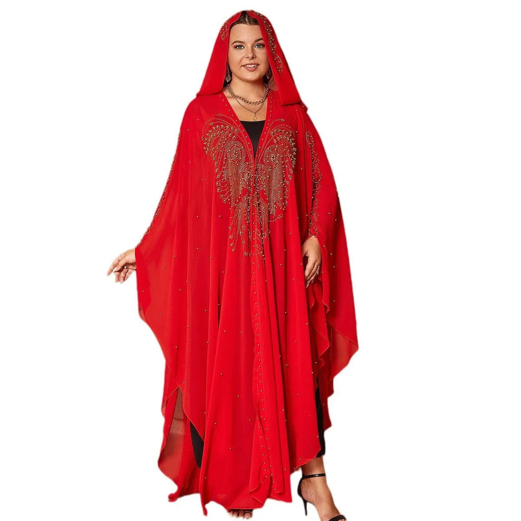 Muslim style chiffon cape shawl with rhinestone beaded trim in various colours showing 135-175cm length
